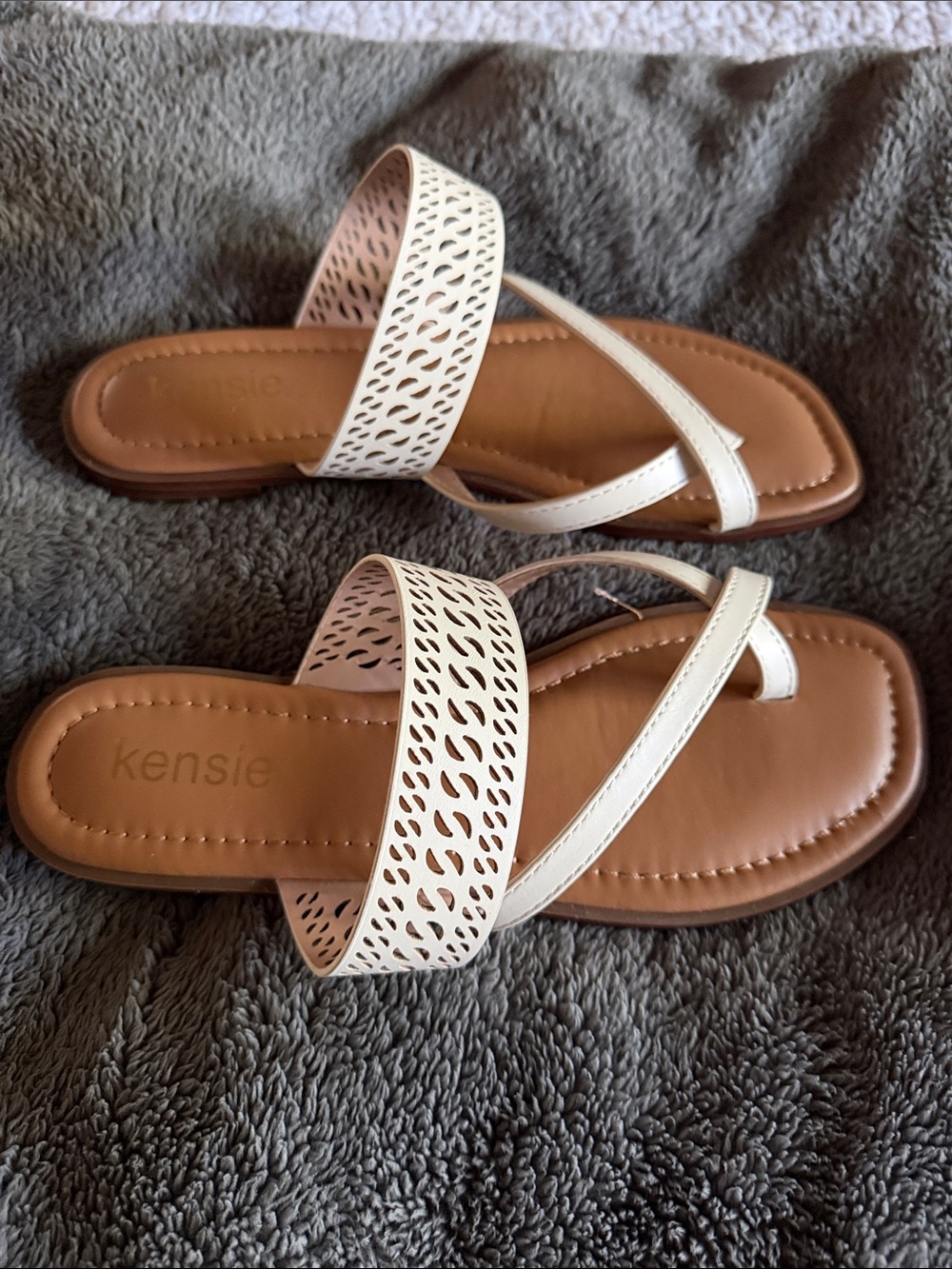 Kensie White Laser-Cut Double Strap Slide Sandals